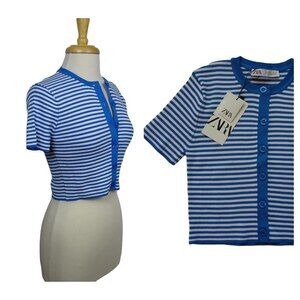 ZARA Button-Front Sweater Striped Cropped Shrug Top Blue White Stretch M NWT